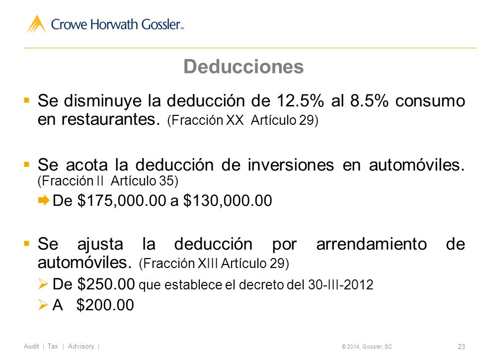 Deducciones Se disminuye la deducción de 12.5% al 8.5% consumo en restaurantes. (Fracción XX Artículo 29)