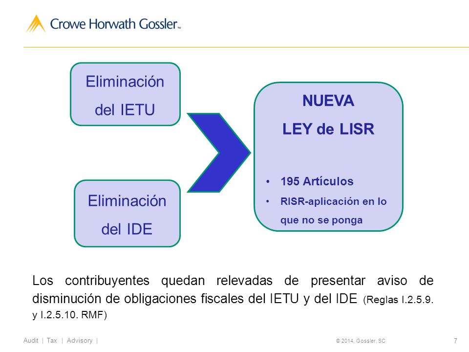 Eliminación del IETU NUEVA LEY de LISR Eliminación del IDE