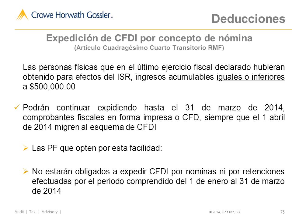Deducciones Expedición de CFDI por concepto de nómina (Artículo Cuadragésimo Cuarto Transitorio RMF)