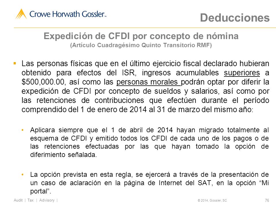 Deducciones Expedición de CFDI por concepto de nómina (Artículo Cuadragésimo Quinto Transitorio RMF)