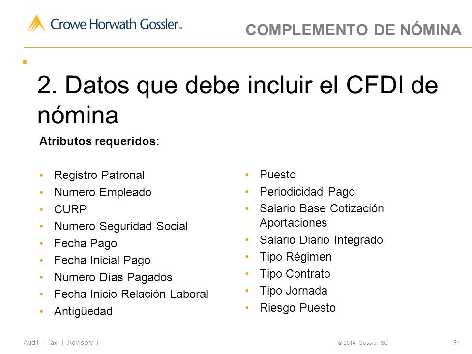 COMPLEMENTO DE NÓMINA 2. Datos que debe incluir el CFDI de nómina