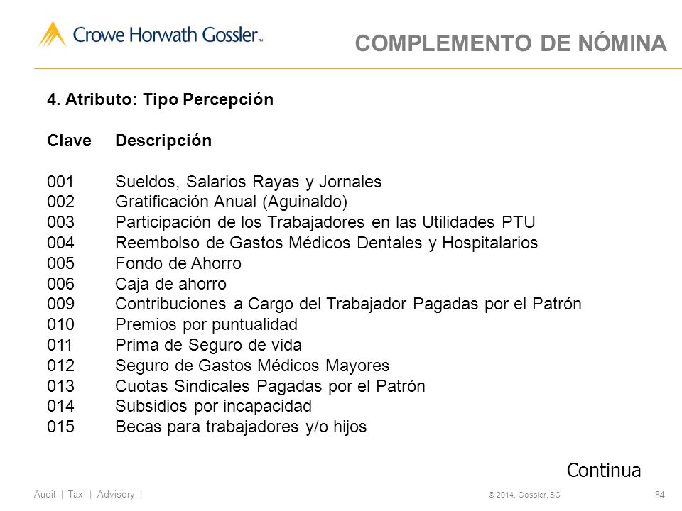 COMPLEMENTO DE NÓMINA Continua 4. Atributo: Tipo Percepción