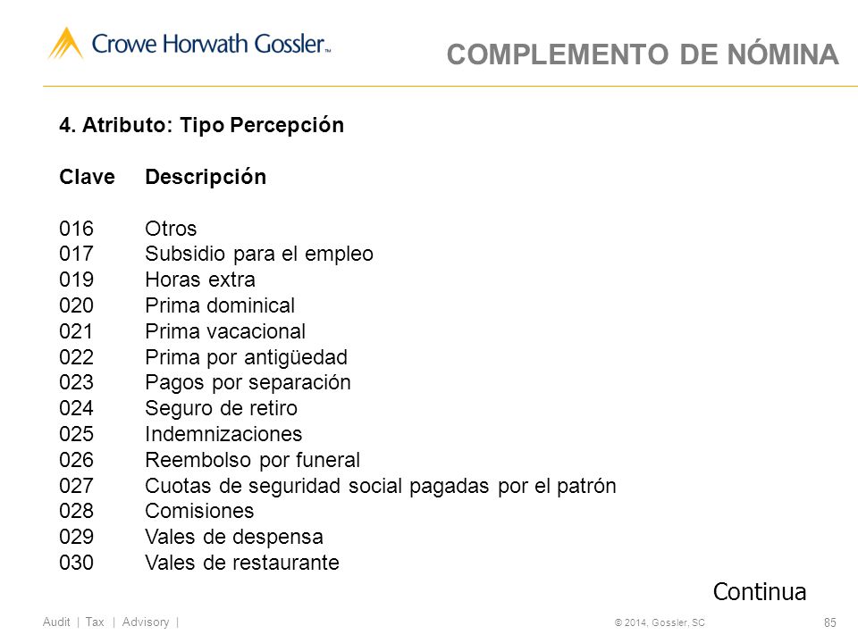 COMPLEMENTO DE NÓMINA Continua 4. Atributo: Tipo Percepción