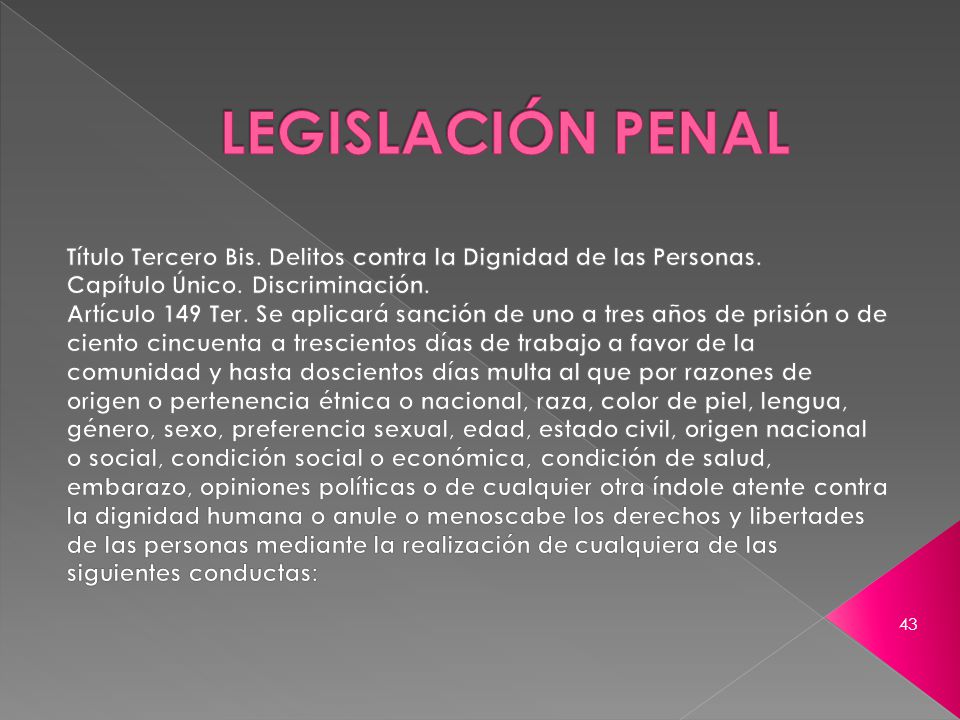 LEGISLACIÓN PENAL Título Tercero Bis. Delitos contra la Dignidad de las Personas. Capítulo Único. Discriminación.