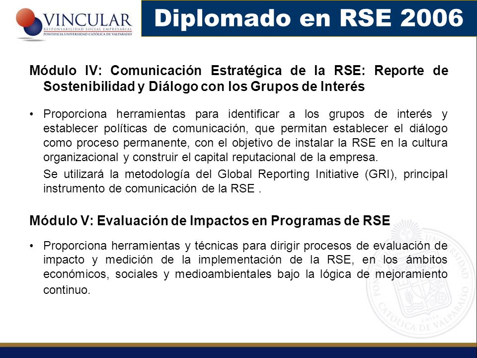 Diplomado en RSE 2006 Módulo IV: Comunicación Estratégica de la RSE: Reporte de Sostenibilidad y Diálogo con los Grupos de Interés.