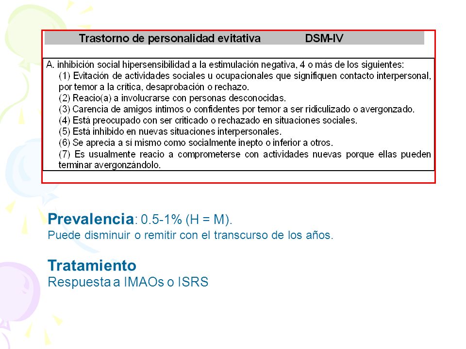 Prevalencia: 0.5-1% (H = M). Tratamiento Respuesta a IMAOs o ISRS