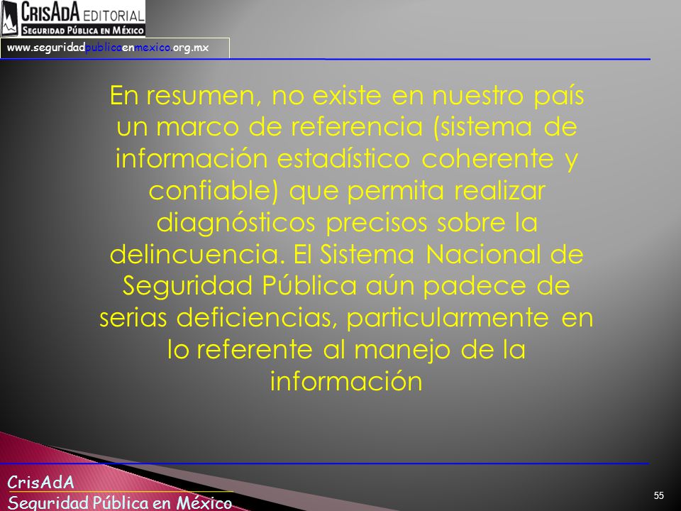 En resumen, no existe en nuestro país un marco de referencia (sistema de información estadístico coherente y confiable) que permita realizar diagnósticos precisos sobre la delincuencia.