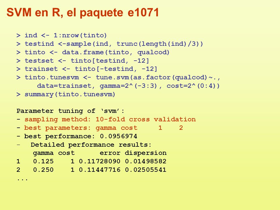 SVM en R, el paquete e1071 > ind <- 1:nrow(tinto)