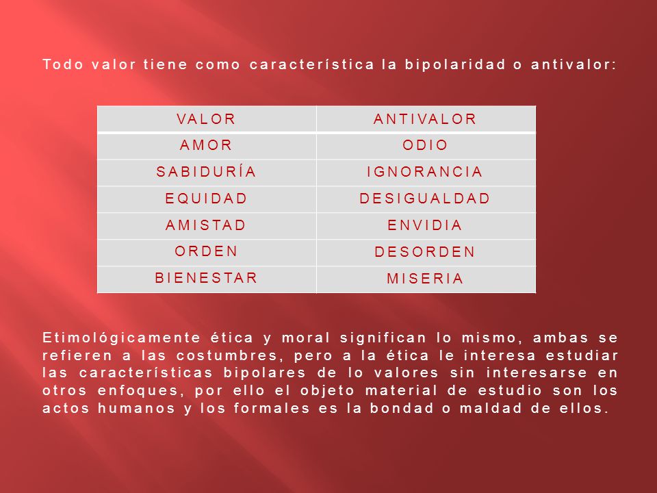 Todo valor tiene como característica la bipolaridad o antivalor: