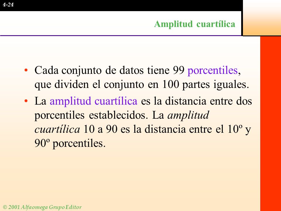 4-24 Amplitud cuartílica. Cada conjunto de datos tiene 99 porcentiles, que dividen el conjunto en 100 partes iguales.