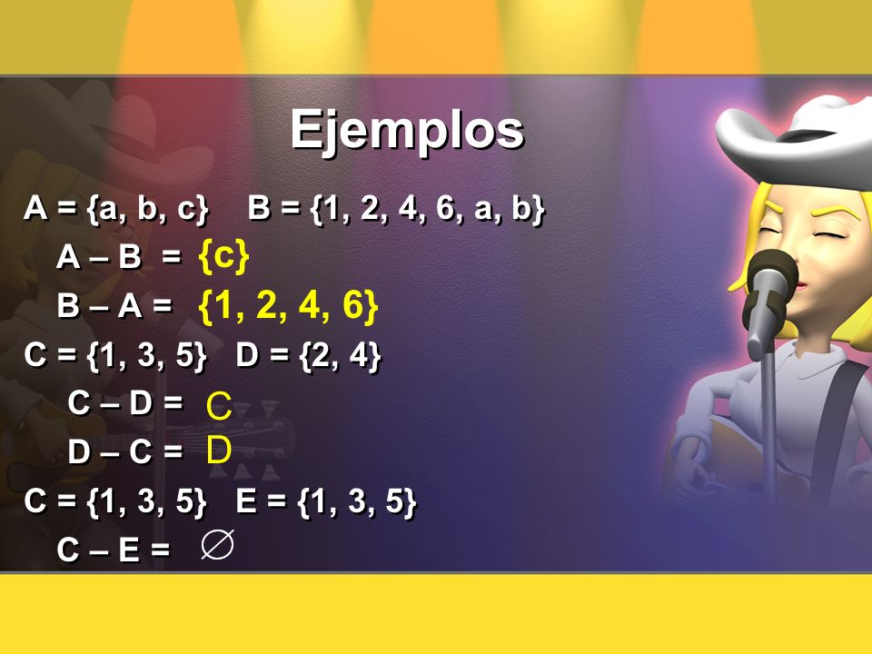 Ejemplos {c} {1, 2, 4, 6} C D A = {a, b, c} B = {1, 2, 4, 6, a, b}
