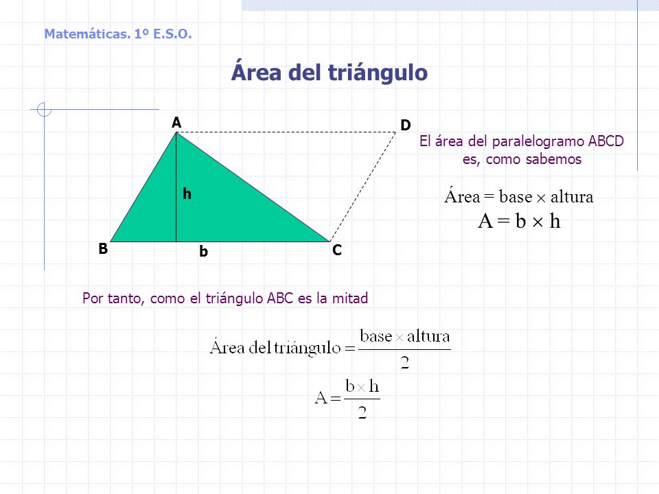 Área del triángulo A = b  h Área = base  altura A D