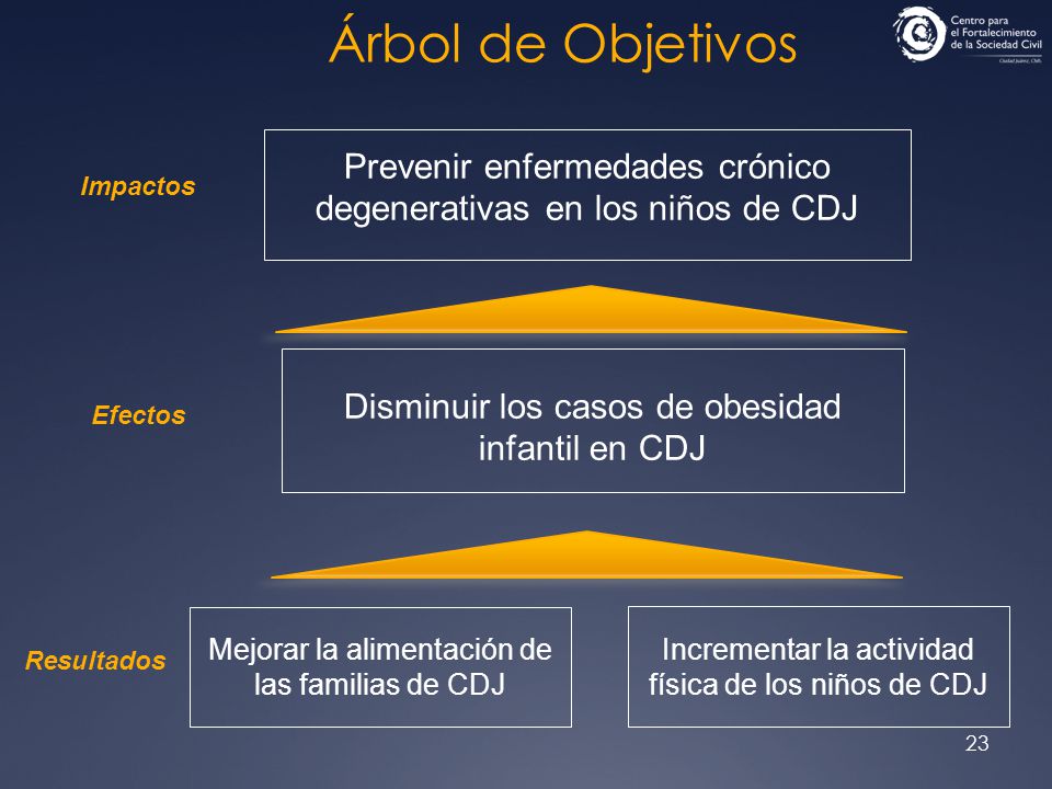 Árbol de Objetivos Prevenir enfermedades crónico degenerativas en los niños de CDJ. Impactos. Disminuir los casos de obesidad infantil en CDJ.