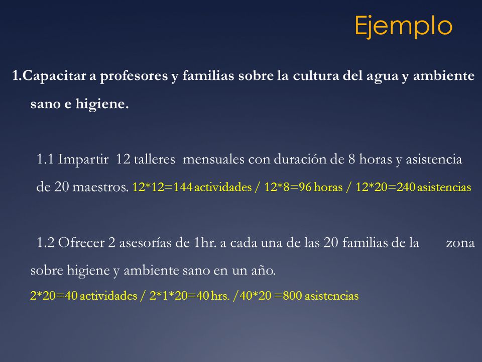 Ejemplo 1.Capacitar a profesores y familias sobre la cultura del agua y ambiente sano e higiene.