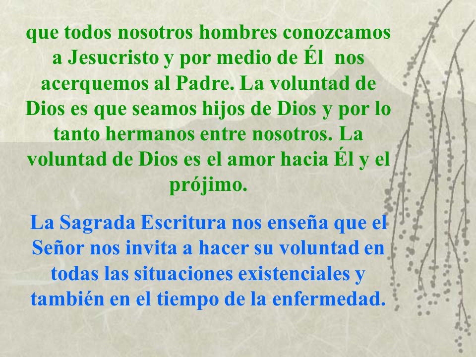 que todos nosotros hombres conozcamos a Jesucristo y por medio de Él nos acerquemos al Padre. La voluntad de Dios es que seamos hijos de Dios y por lo tanto hermanos entre nosotros. La voluntad de Dios es el amor hacia Él y el prójimo.
