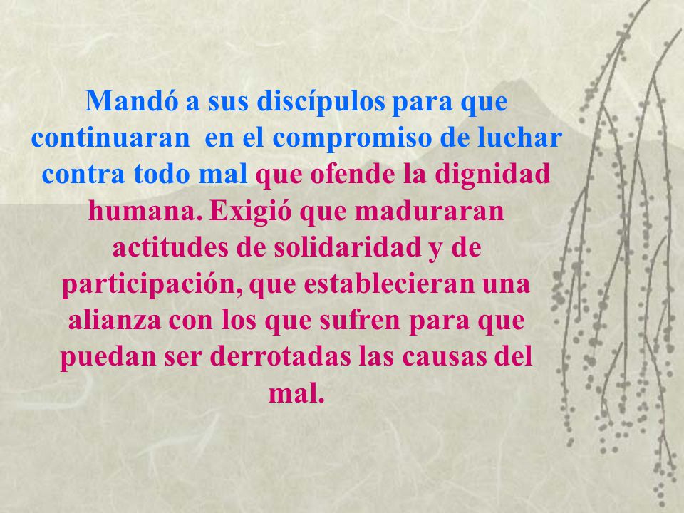 Mandó a sus discípulos para que continuaran en el compromiso de luchar contra todo mal que ofende la dignidad humana.