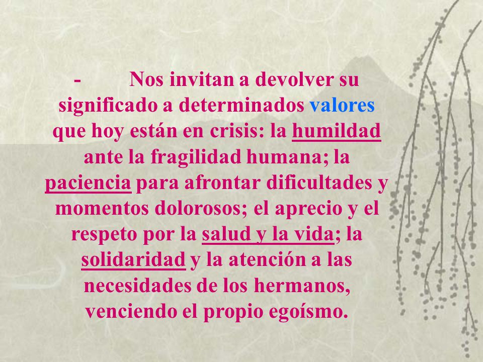 - Nos invitan a devolver su significado a determinados valores que hoy están en crisis: la humildad ante la fragilidad humana; la paciencia para afrontar dificultades y momentos dolorosos; el aprecio y el respeto por la salud y la vida; la solidaridad y la atención a las necesidades de los hermanos, venciendo el propio egoísmo.