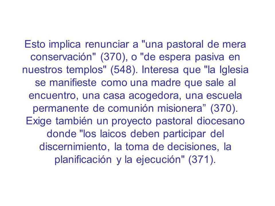 Esto implica renunciar a una pastoral de mera conservación (370), o de espera pasiva en nuestros templos (548).
