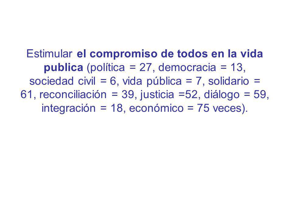 Estimular el compromiso de todos en la vida publica (política = 27, democracia = 13, sociedad civil = 6, vida pública = 7, solidario = 61, reconciliación = 39, justicia =52, diálogo = 59, integración = 18, económico = 75 veces).