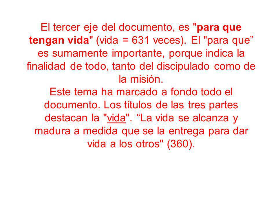 El tercer eje del documento, es para que tengan vida (vida = 631 veces). El para que es sumamente importante, porque indica la finalidad de todo, tanto del discipulado como de la misión.