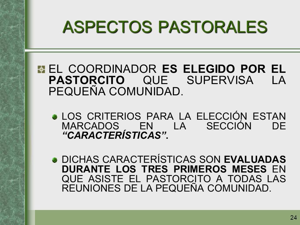ASPECTOS PASTORALES EL COORDINADOR ES ELEGIDO POR EL PASTORCITO QUE SUPERVISA LA PEQUEÑA COMUNIDAD.