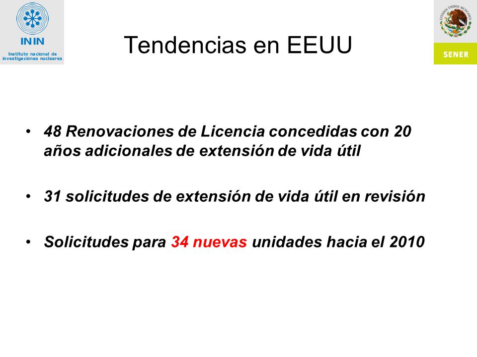 Tendencias en EEUU 48 Renovaciones de Licencia concedidas con 20 años adicionales de extensión de vida útil.