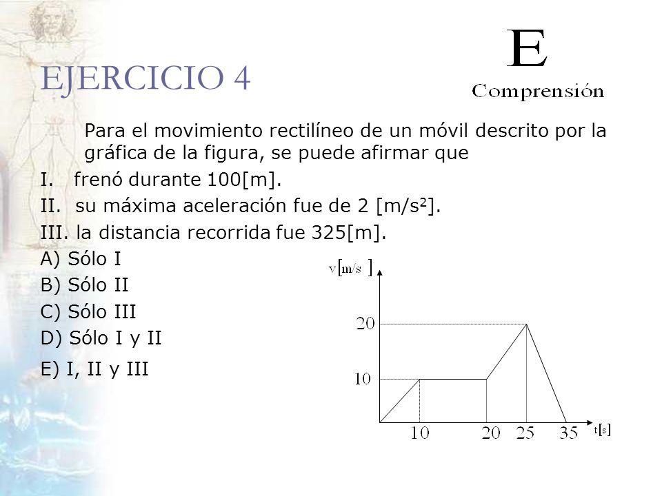 EJERCICIO 4 Para el movimiento rectilíneo de un móvil descrito por la gráfica de la figura, se puede afirmar que.