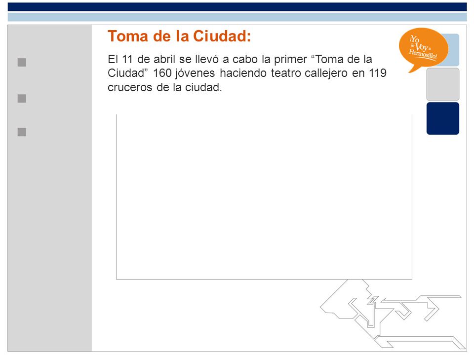 Toma de la Ciudad: El 11 de abril se llevó a cabo la primer Toma de la Ciudad 160 jóvenes haciendo teatro callejero en 119 cruceros de la ciudad.