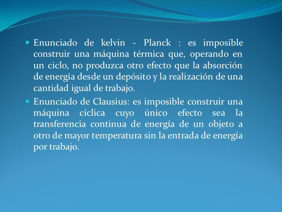 Enunciado de kelvin - Planck : es imposible construir una máquina térmica que, operando en un ciclo, no produzca otro efecto que la absorción de energía desde un depósito y la realización de una cantidad igual de trabajo.