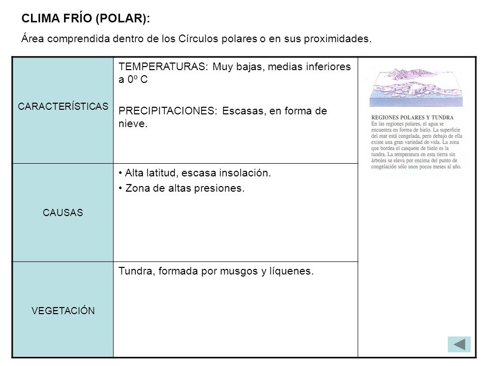 CLIMA FRÍO (POLAR): Área comprendida dentro de los Círculos polares o en sus proximidades. CARACTERÍSTICAS.