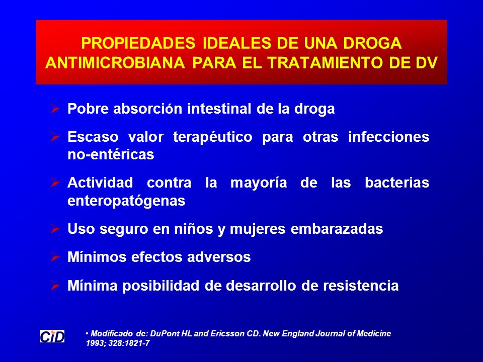 PROPIEDADES IDEALES DE UNA DROGA ANTIMICROBIANA PARA EL TRATAMIENTO DE DV