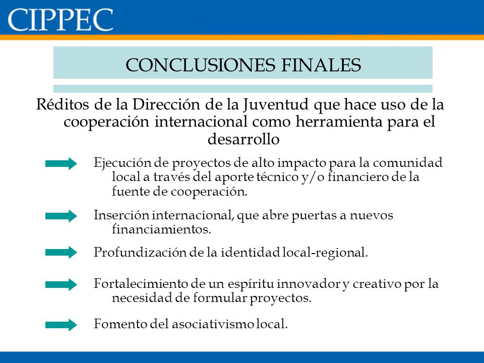 CONCLUSIONES FINALES Réditos de la Dirección de la Juventud que hace uso de la cooperación internacional como herramienta para el desarrollo ..