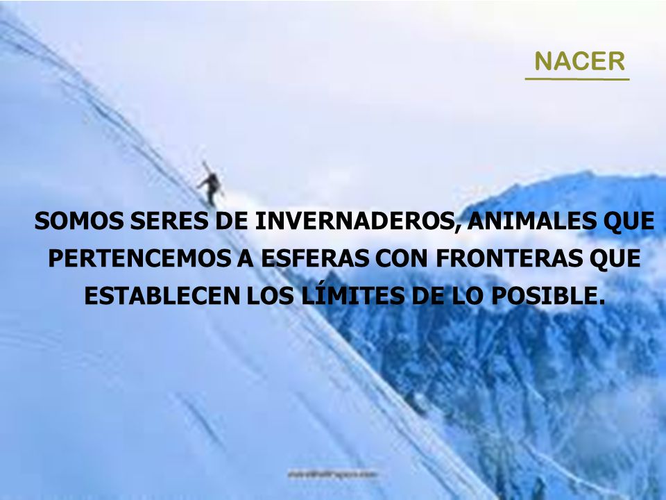 NACER SOMOS SERES DE INVERNADEROS, ANIMALES QUE PERTENCEMOS A ESFERAS CON FRONTERAS QUE ESTABLECEN LOS LÍMITES DE LO POSIBLE.