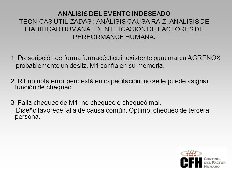 ANÁLISIS DEL EVENTO INDESEADO TECNICAS UTILIZADAS : ANÁLISIS CAUSA RAIZ, ANÁLISIS DE FIABILIDAD HUMANA, IDENTIFICACIÓN DE FACTORES DE PERFORMANCE HUMANA.