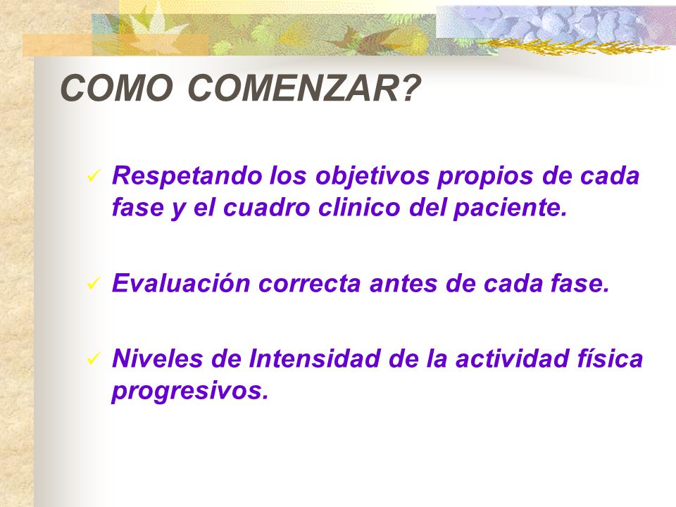 COMO COMENZAR Respetando los objetivos propios de cada fase y el cuadro clinico del paciente. Evaluación correcta antes de cada fase.