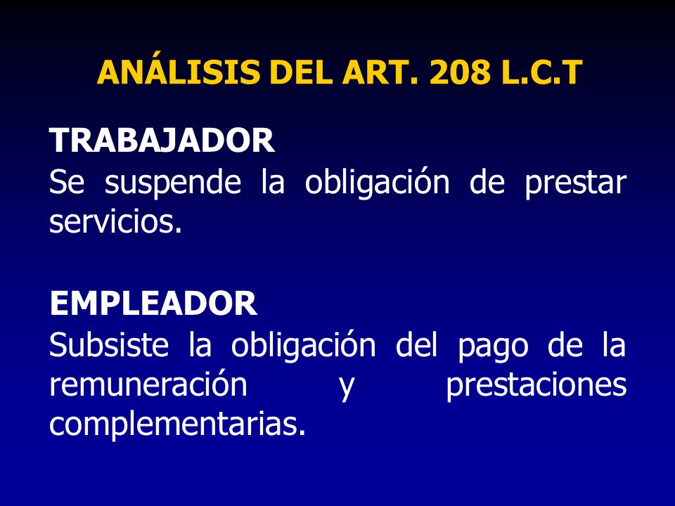 ANÁLISIS DEL ART. 208 L.C.T TRABAJADOR. Se suspende la obligación de prestar servicios. EMPLEADOR.