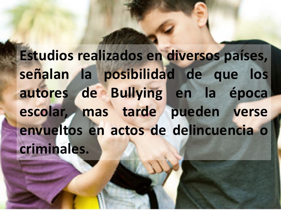 Estudios realizados en diversos países, señalan la posibilidad de que los autores de Bullying en la época escolar, mas tarde pueden verse envueltos en actos de delincuencia o criminales.