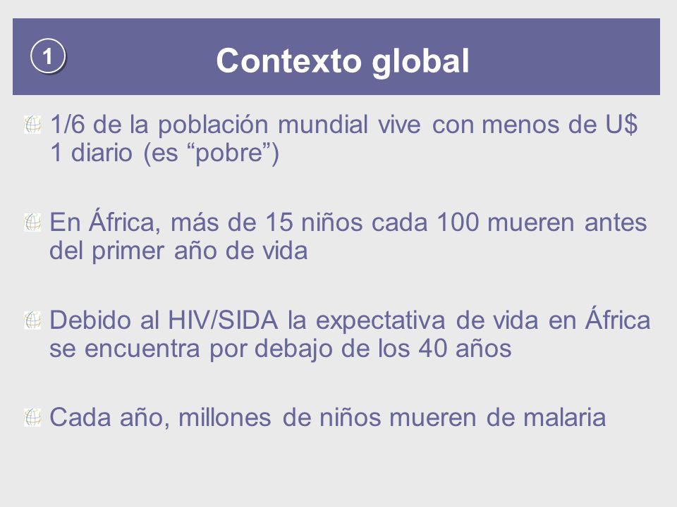 1 Contexto global. 1/6 de la población mundial vive con menos de U$ 1 diario (es pobre )