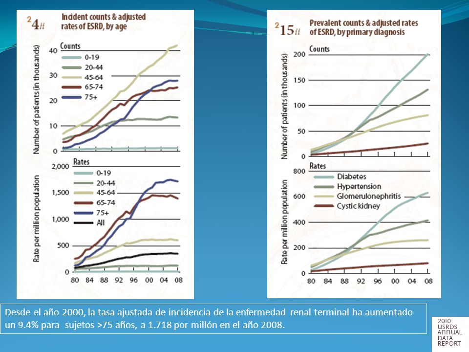 Desde el año 2000, la tasa ajustada de incidencia de la enfermedad renal terminal ha aumentado un 9.4% para sujetos >75 años, a por millón en el año 2008.