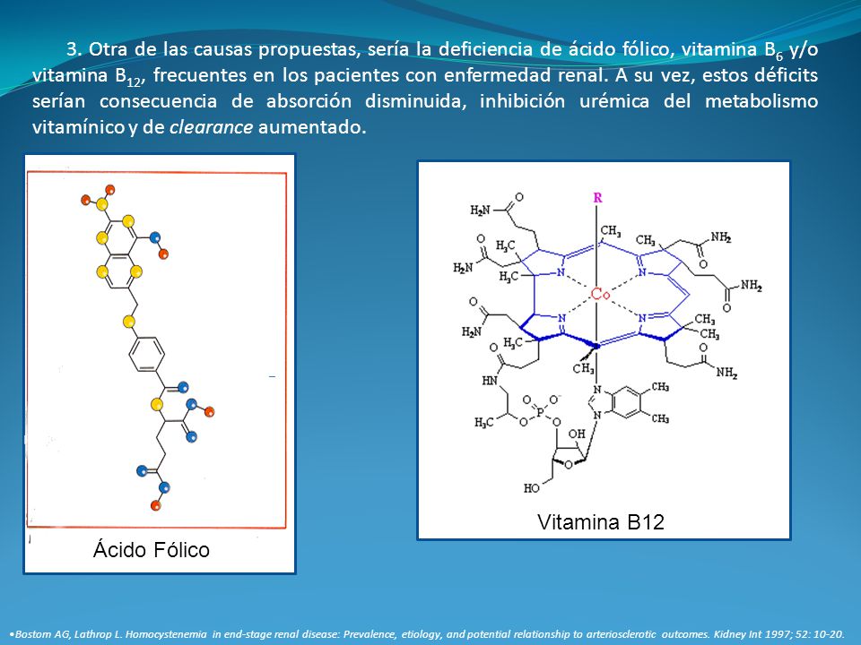 3. Otra de las causas propuestas, sería la deficiencia de ácido fólico, vitamina B6 y/o vitamina B12, frecuentes en los pacientes con enfermedad renal. A su vez, estos déficits serían consecuencia de absorción disminuida, inhibición urémica del metabolismo vitamínico y de clearance aumentado.