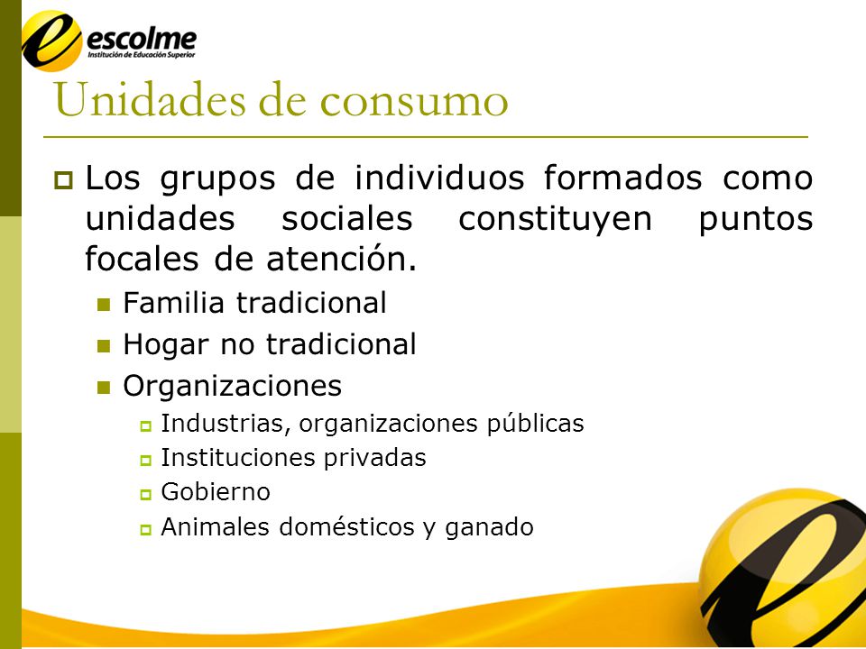 Unidades de consumo Los grupos de individuos formados como unidades sociales constituyen puntos focales de atención.