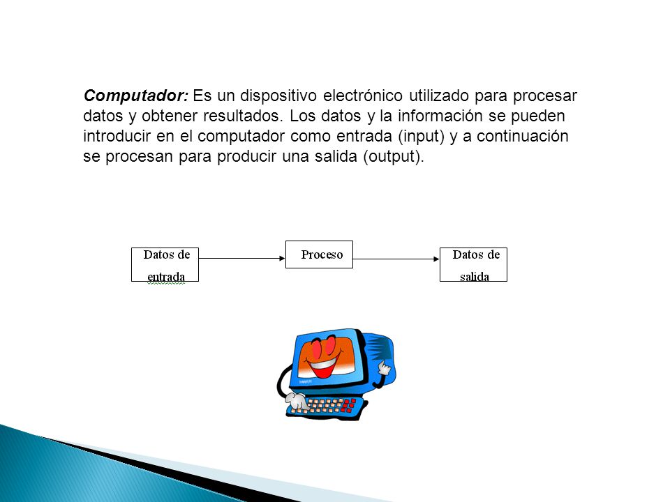 Computador: Es un dispositivo electrónico utilizado para procesar datos y obtener resultados.