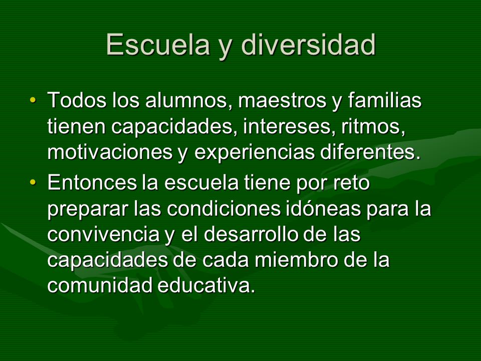 Escuela y diversidad Todos los alumnos, maestros y familias tienen capacidades, intereses, ritmos, motivaciones y experiencias diferentes.