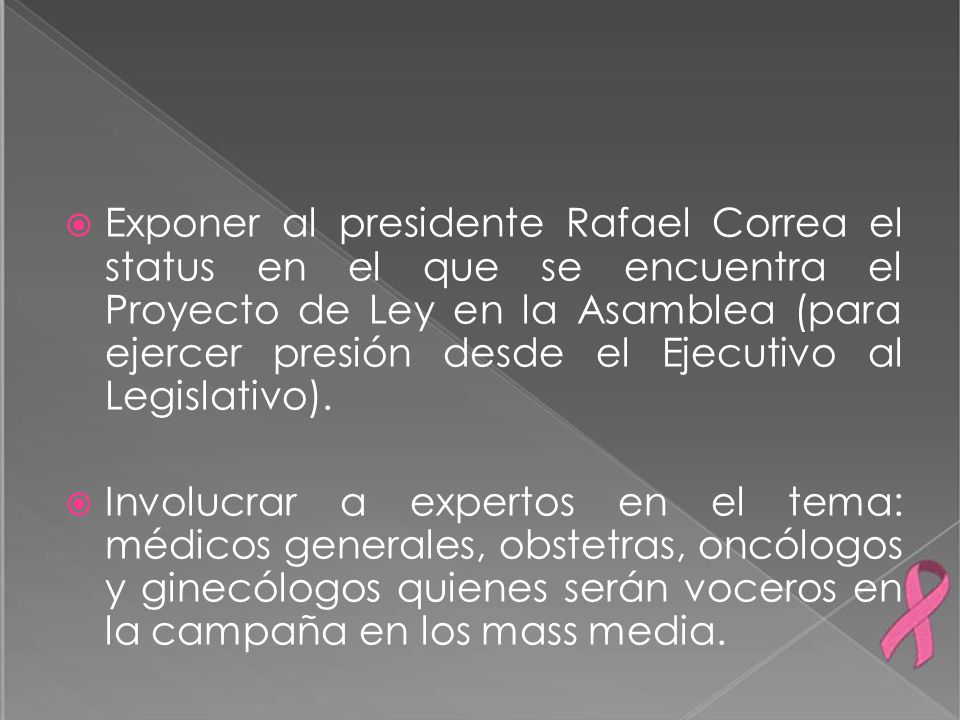 Exponer al presidente Rafael Correa el status en el que se encuentra el Proyecto de Ley en la Asamblea (para ejercer presión desde el Ejecutivo al Legislativo).