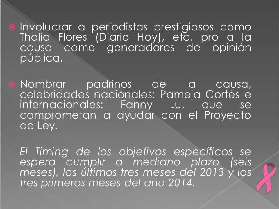 Involucrar a periodistas prestigiosos como Thalia Flores (Diario Hoy), etc. pro a la causa como generadores de opinión pública.