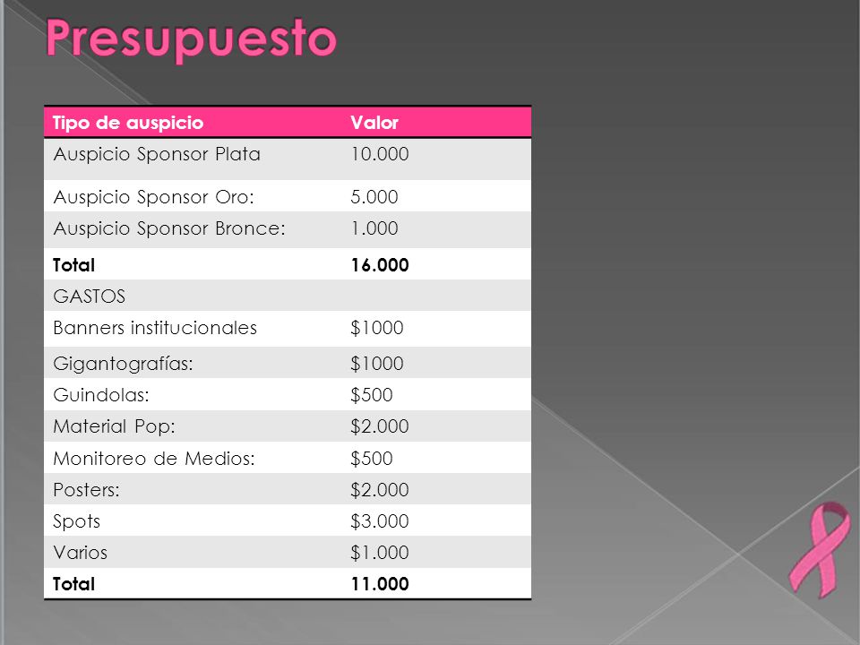 Presupuesto Tipo de auspicio Valor Auspicio Sponsor Plata