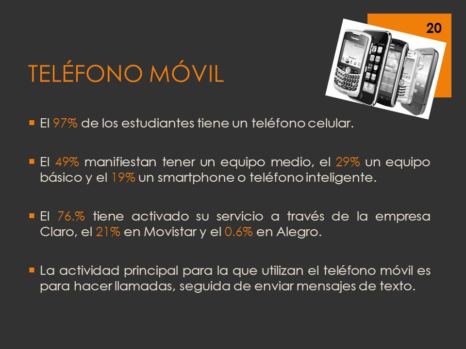 TELÉFONO MÓVIL El 97% de los estudiantes tiene un teléfono celular.