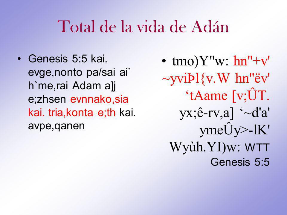 Total de la vida de Adán Genesis 5:5 kai. evge,nonto pa/sai ai` h`me,rai Adam a]j e;zhsen evnnako,sia kai. tria,konta e;th kai. avpe,qanen.