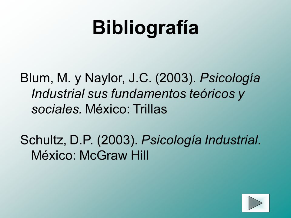 Bibliografía Blum, M. y Naylor, J.C. (2003). Psicología Industrial sus fundamentos teóricos y sociales. México: Trillas.