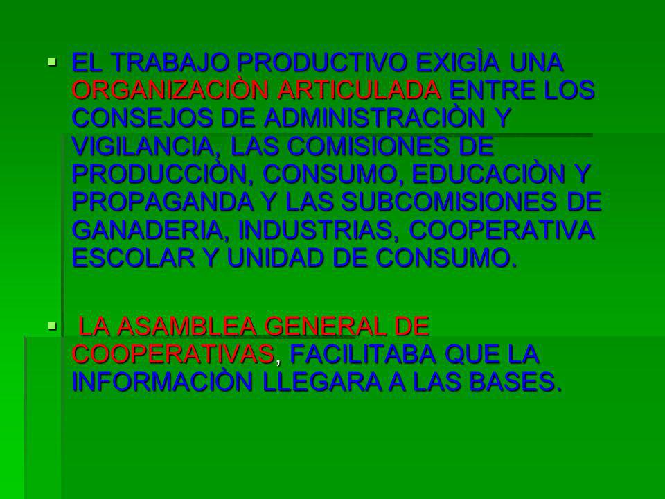 EL TRABAJO PRODUCTIVO EXIGÌA UNA ORGANIZACIÒN ARTICULADA ENTRE LOS CONSEJOS DE ADMINISTRACIÒN Y VIGILANCIA, LAS COMISIONES DE PRODUCCIÒN, CONSUMO, EDUCACIÒN Y PROPAGANDA Y LAS SUBCOMISIONES DE GANADERIA, INDUSTRIAS, COOPERATIVA ESCOLAR Y UNIDAD DE CONSUMO.